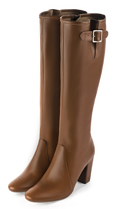 Caramel brown women's knee-high boots with buckles. Round toe. High block heels. Made to measure. Front view - Florence KOOIJMAN